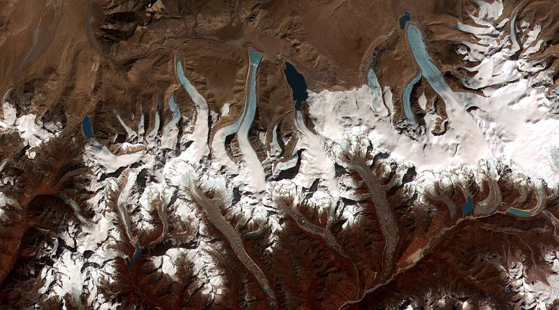 Glaciers and glacial lakes of the Bhutan Himalaya, photographed by NASA.